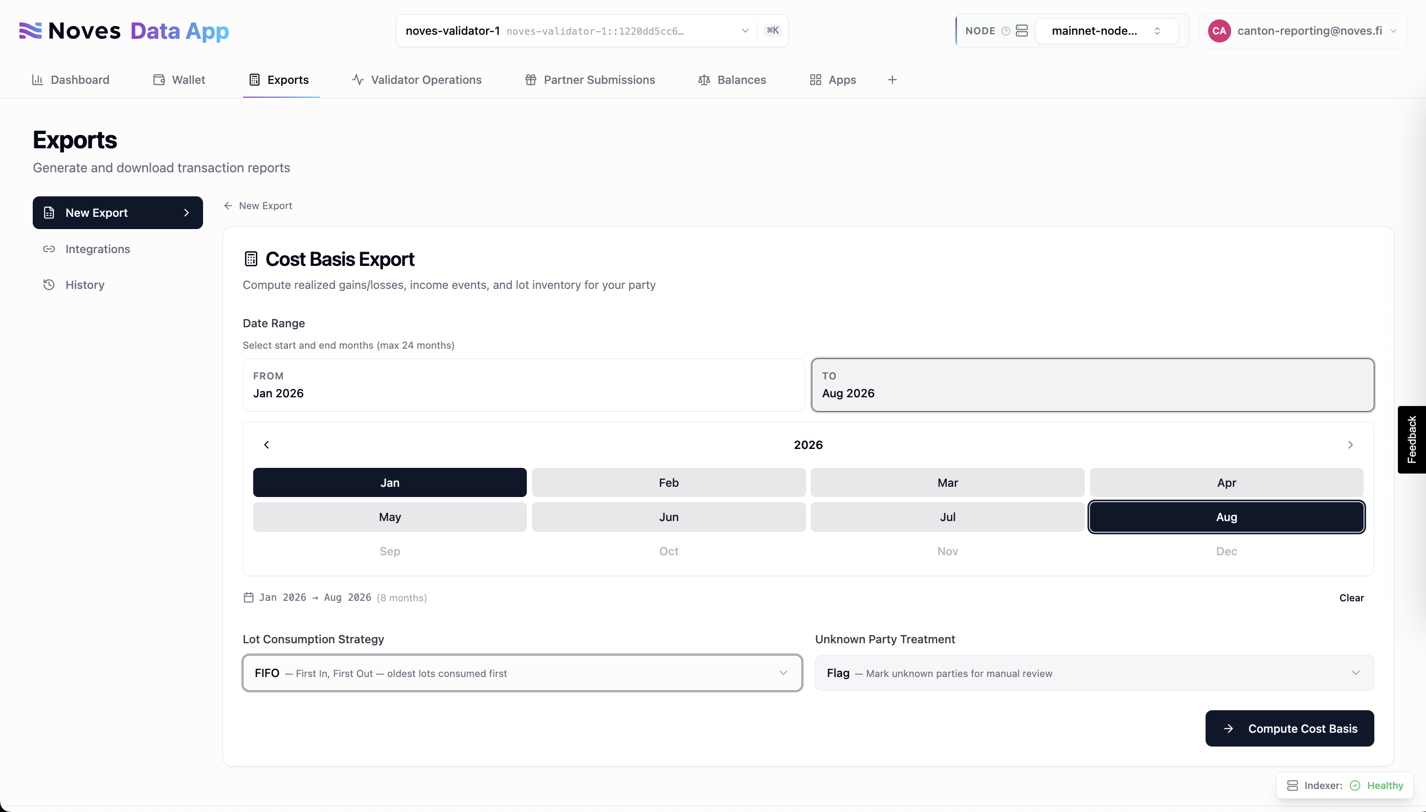 Noves Data Platform cost basis export configuration for a January to August 2026 reporting period