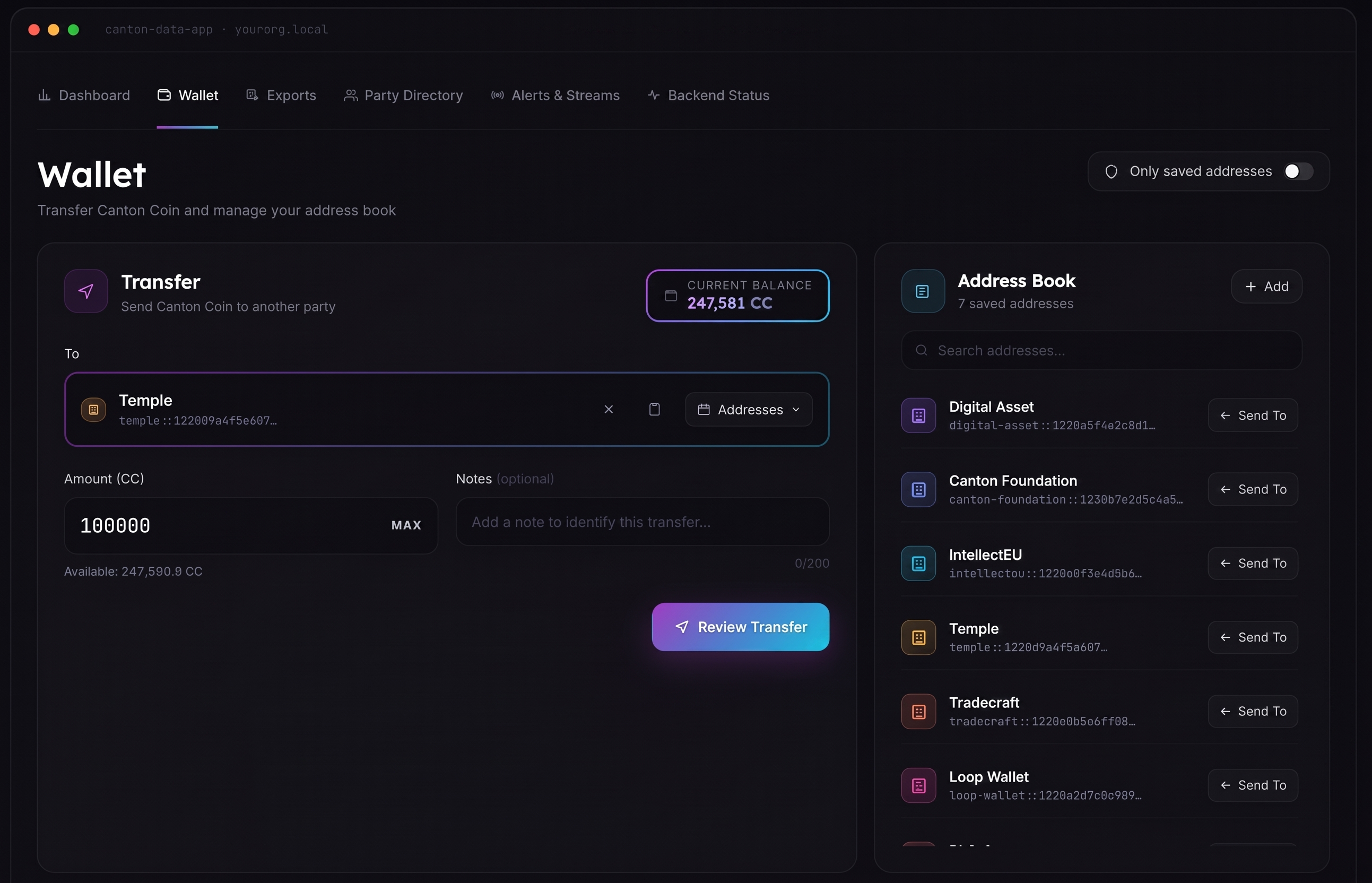 Noves Data App built-in wallet view for sending Canton Coin