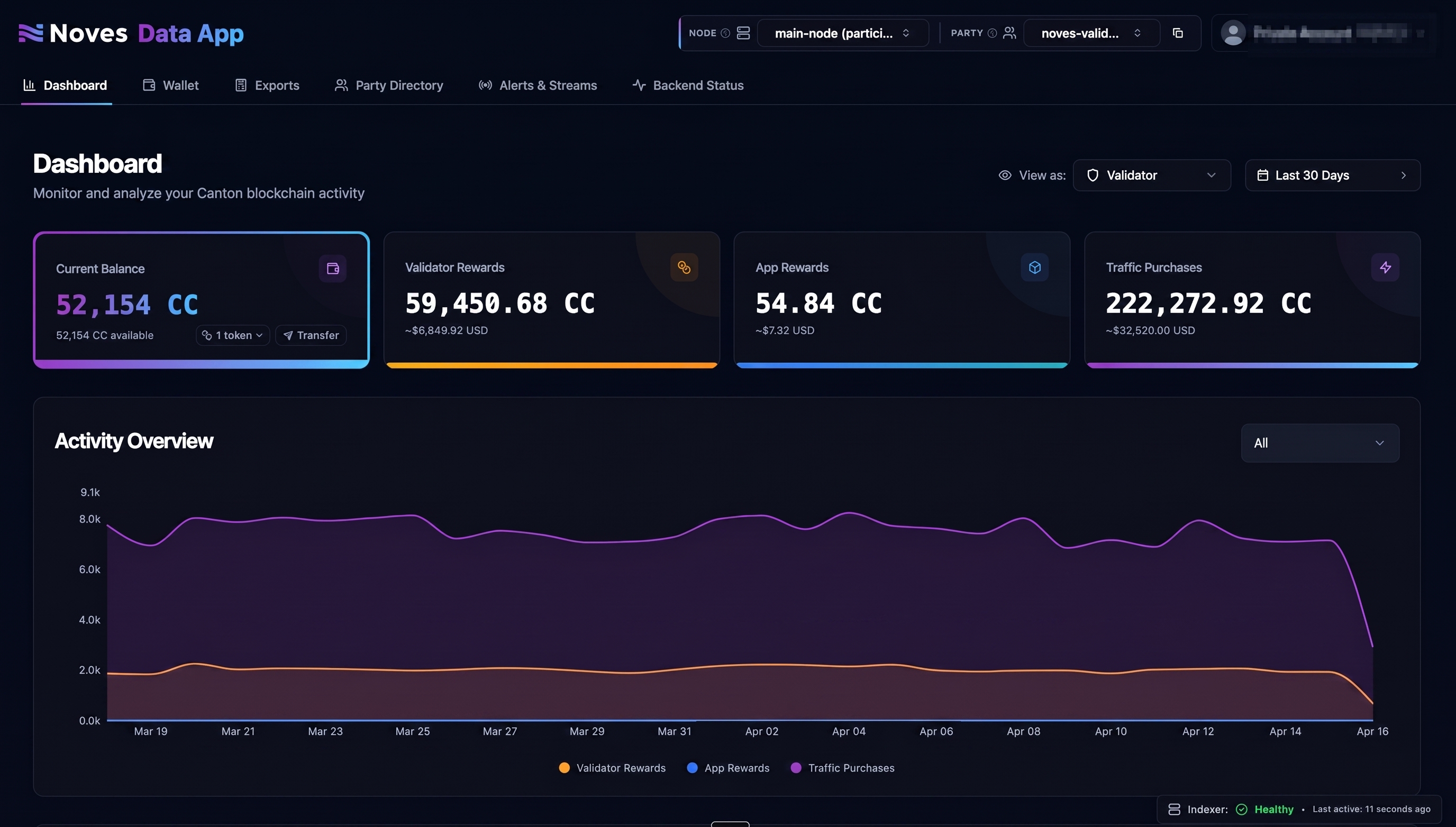 Noves Data App dashboard showing classified transactions and reconciliation — dark theme